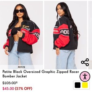 Petite Black Oversized Graphic Zipped Racer Bomber Jacket